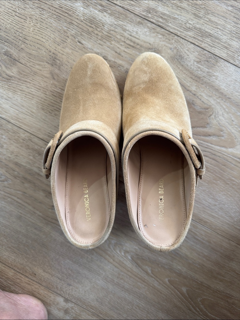 Veronica Beard Tan Suede Buckle Mules
